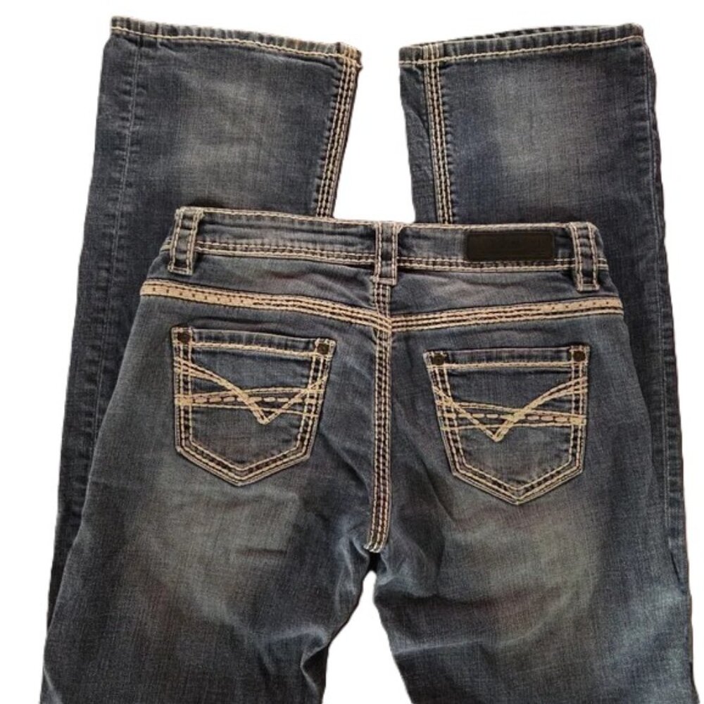 Rock & Roll Cowgirl Dark Wash Low Rise Boot Cut Denim Jeans 27